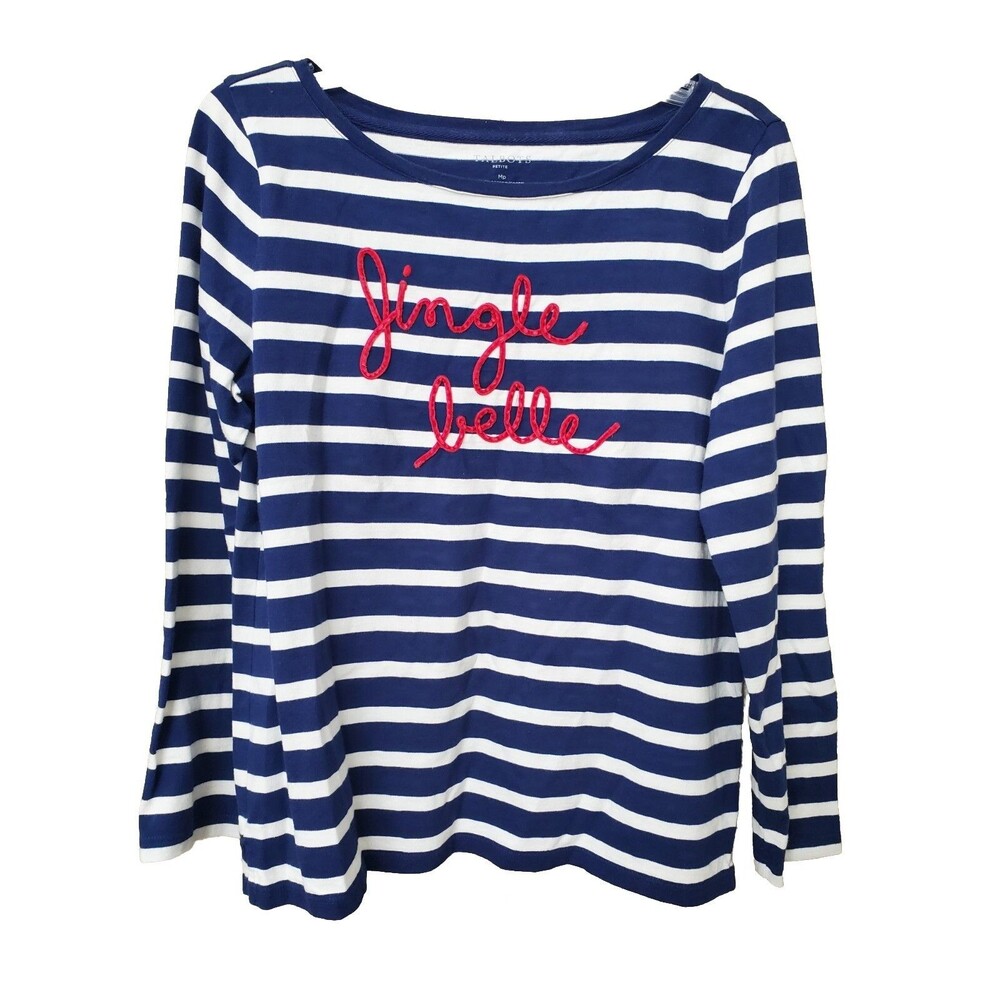 Talbots Petite Blue Striped Boat Neck "Jingle Belle" T-Shirt Size MP Holiday Fun